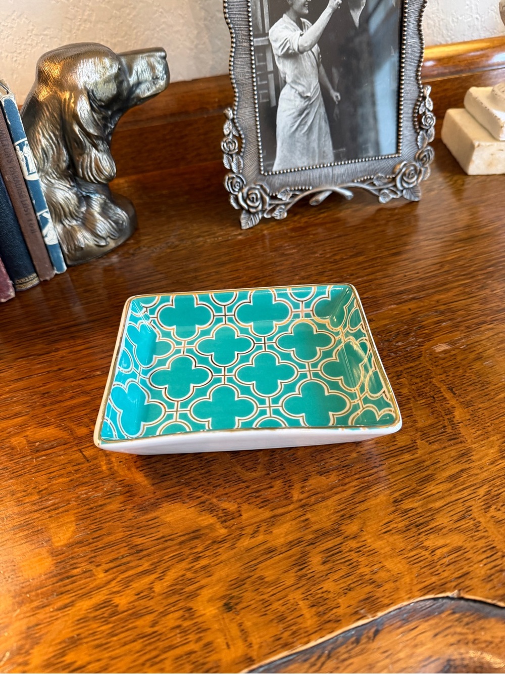 I. Godinger & Co. Turquoise Quatrefoil Porcelain Trinket Dish w/ Gold Trim - Picture 6 of 9